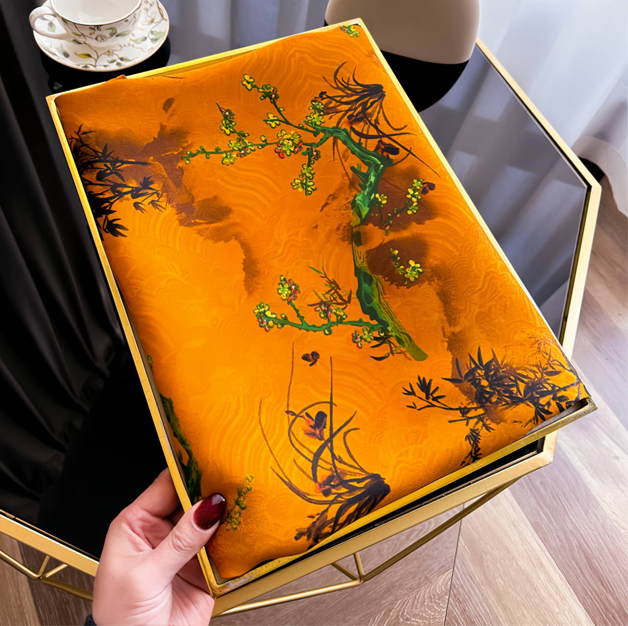  UV-Protective Handwoven Silk Scarf - Vintage Blue Peony & Bamboo Lightweight Ethno Fashion- EclatDoré