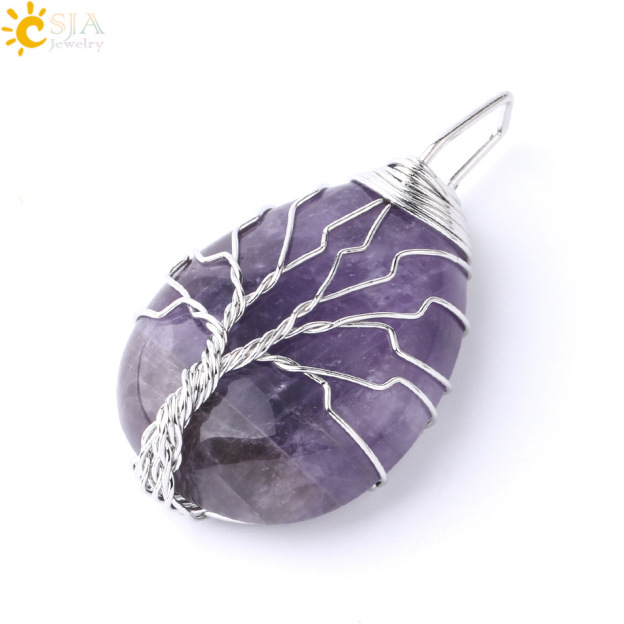 Natural Quartz Crystal Tree Of Life Healing Energy Necklace Pendant- EclatDoré