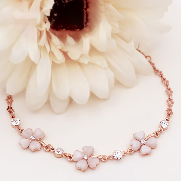 Pink Crystal Four Leaf Clover Love Chain Bracelet