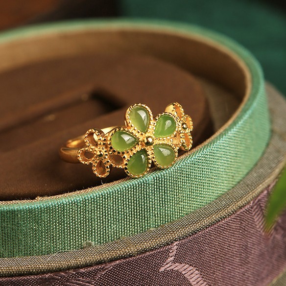 Natural Hetian Jade 925 Sterling Silver Plated Gold Flower Adjustable Prosperity Ring- EclatDoré