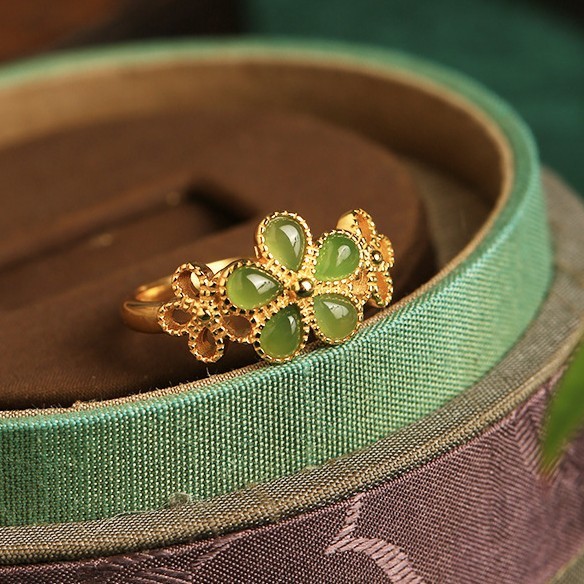 Natural Hetian Jade 925 Sterling Silver Plated Gold Flower Adjustable Prosperity Ring- EclatDoré
