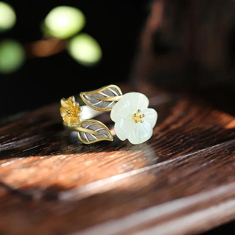 925 Silver Plated Copper White Jade Plum Flower Leaf Luck Ring