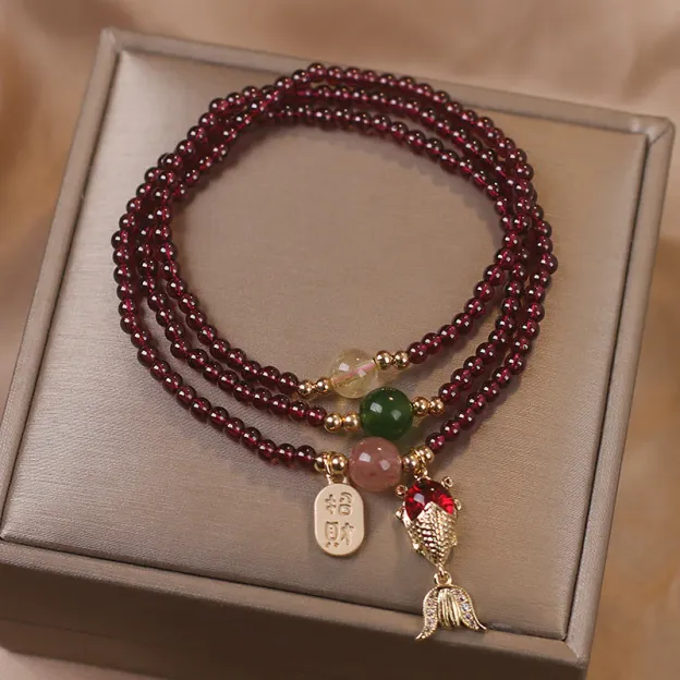 Natural Garnet Strawberry Quartz Crystal Fox Koi Fish Peace Buckle Fortune Protection Triple Wrap Bracelet- EclatDoré