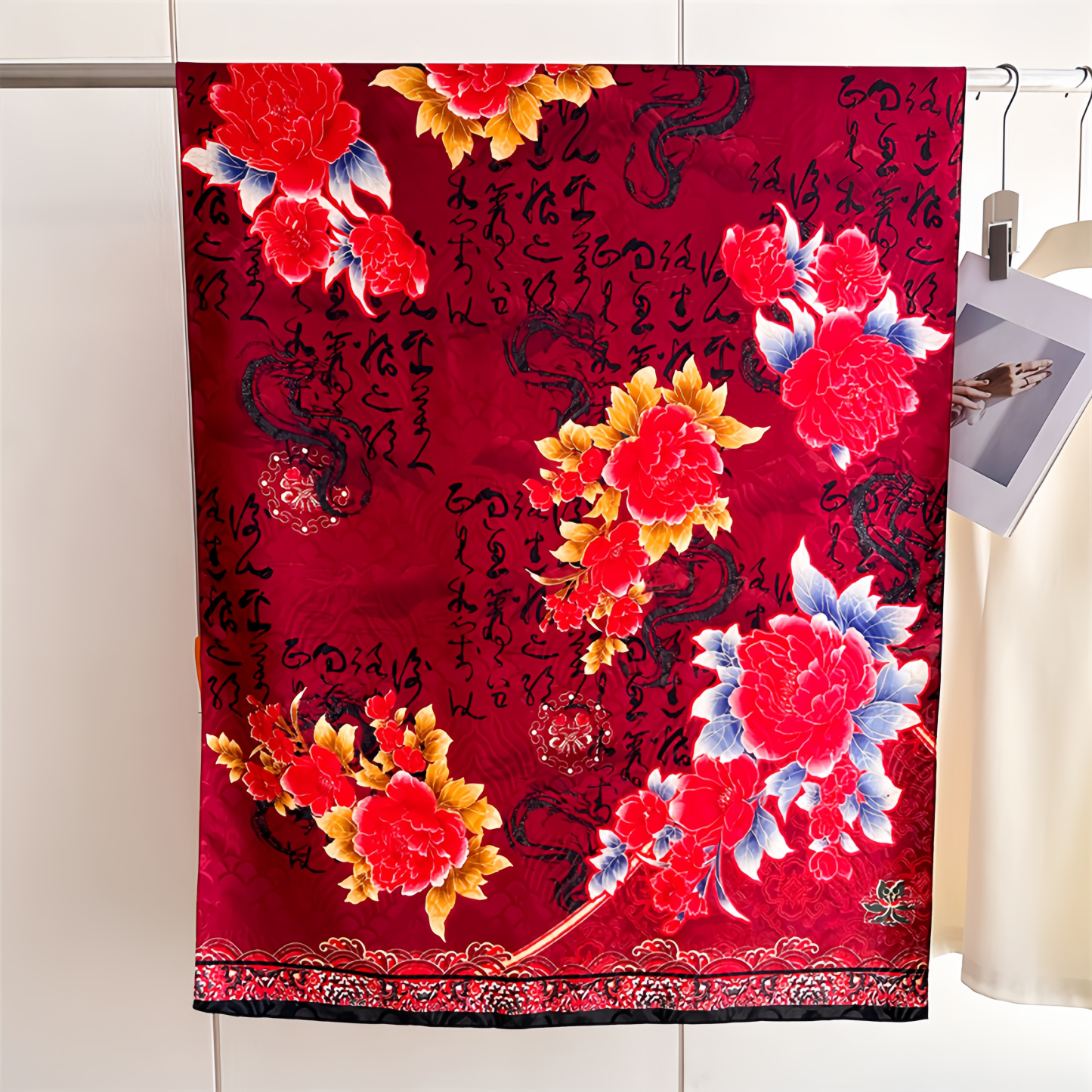  UV-Protective Handwoven Silk Scarf - Vintage Blue Peony & Bamboo Lightweight Ethno Fashion- EclatDoré