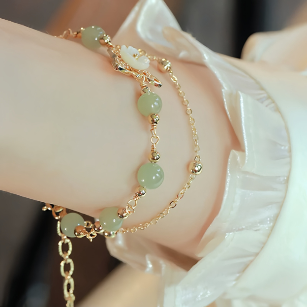 14K Gold Plated Jade Butterfly Tridacna Stone Flower Double Layer Luck Bracelet