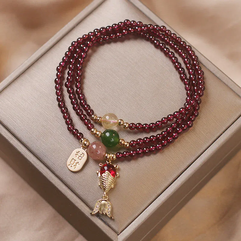 Natural Garnet Strawberry Quartz Crystal Fox Koi Fish Peace Buckle Fortune Protection Triple Wrap Bracelet- EclatDoré