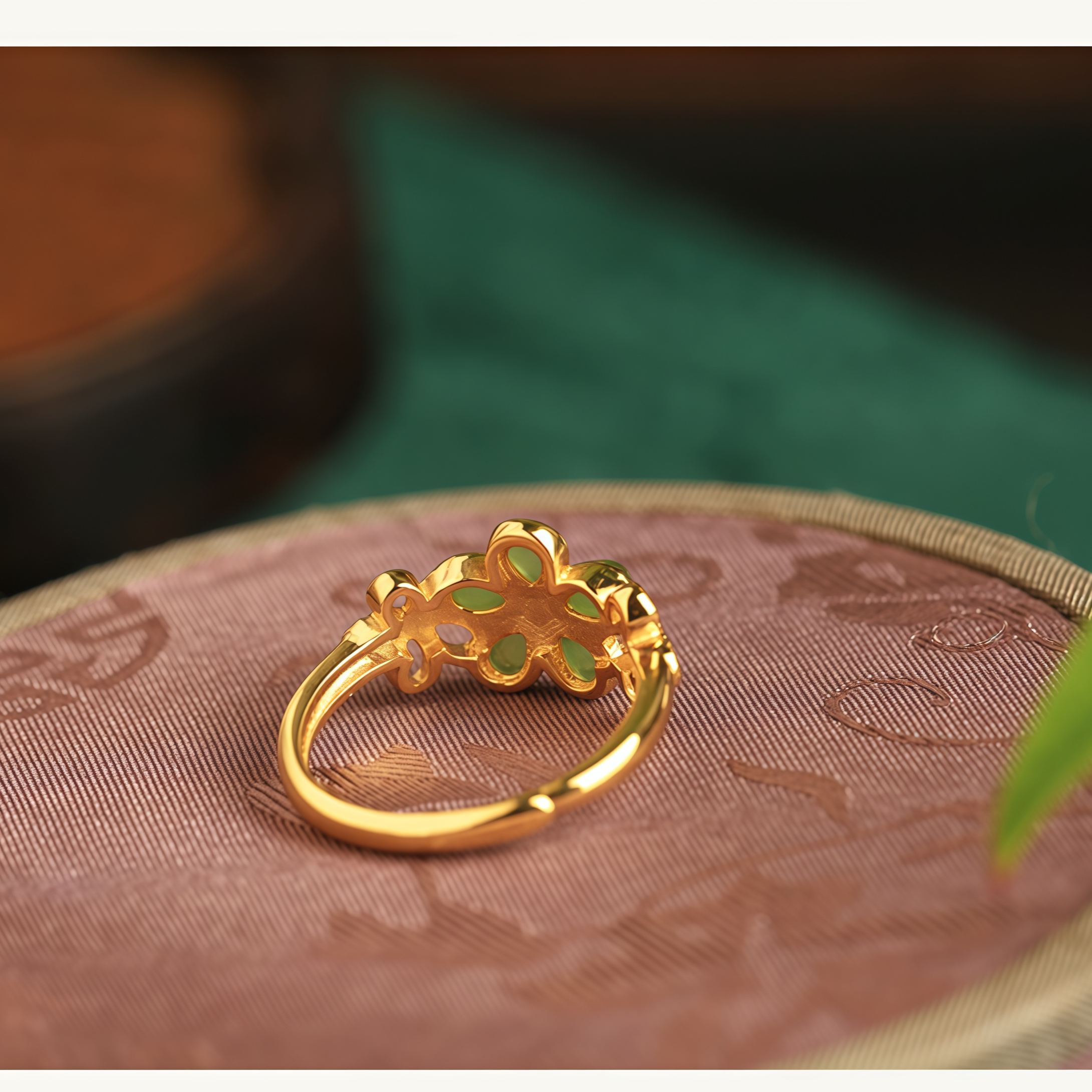 Natural Hetian Jade 925 Sterling Silver Plated Gold Flower Adjustable Prosperity Ring- EclatDoré