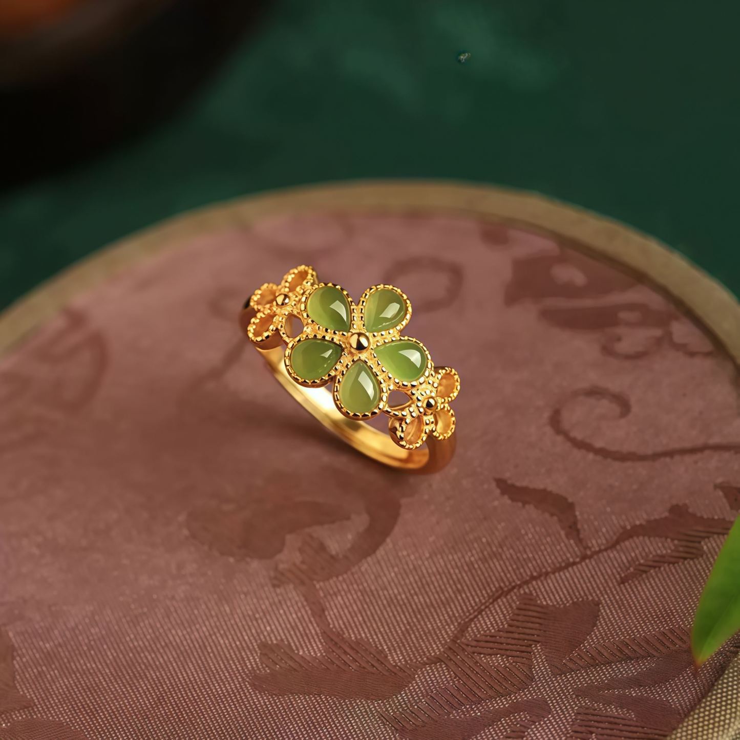 Natural Hetian Jade 925 Sterling Silver Plated Gold Flower Adjustable Prosperity Ring- EclatDoré