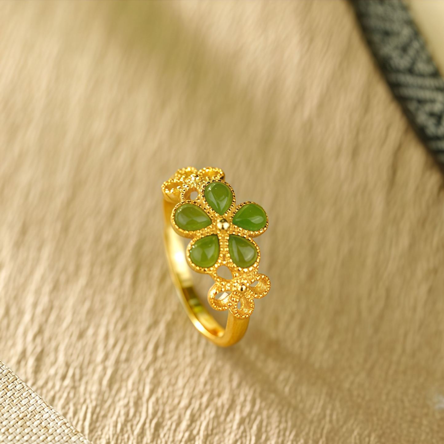 Natural Hetian Jade 925 Sterling Silver Plated Gold Flower Adjustable Prosperity Ring- EclatDoré