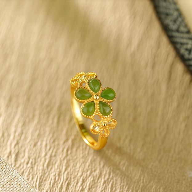 Natural Hetian Jade 925 Sterling Silver Plated Gold Flower Adjustable Prosperity Ring- EclatDoré