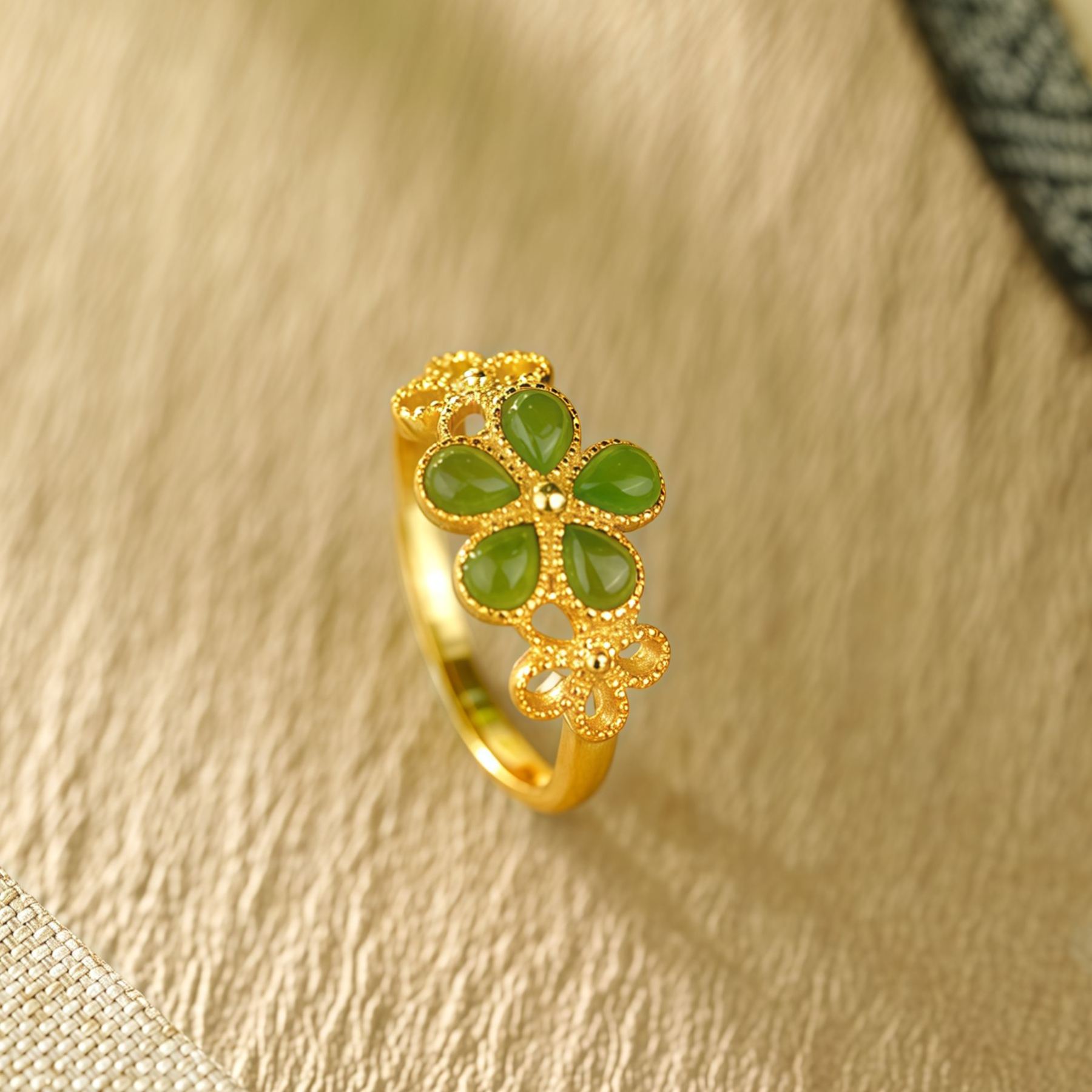 Natural Hetian Jade 925 Sterling Silver Plated Gold Flower Adjustable Prosperity Ring- EclatDoré