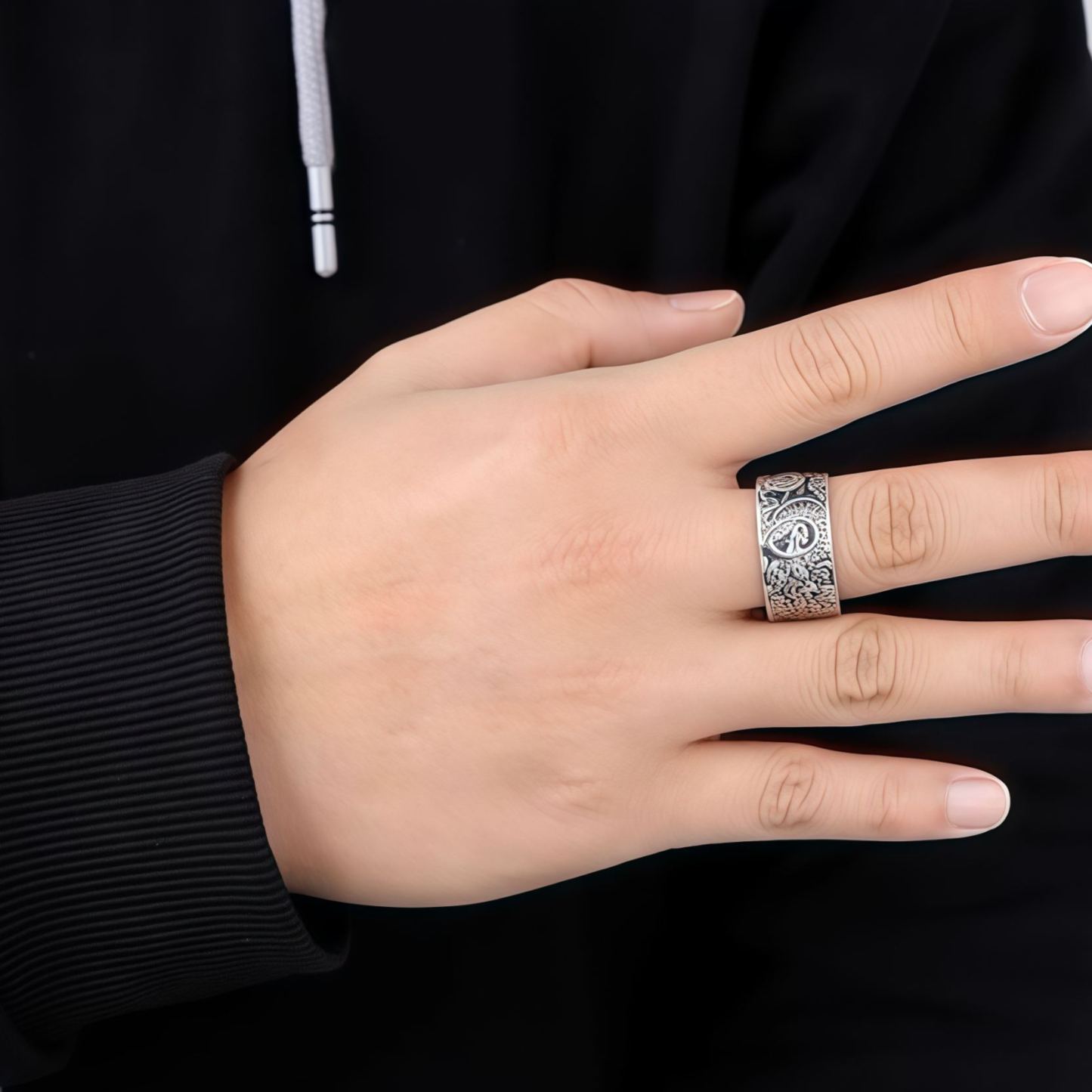 999 Sterling Silver Dragon Carved Pattern Protection Success Ring- EclatDoré