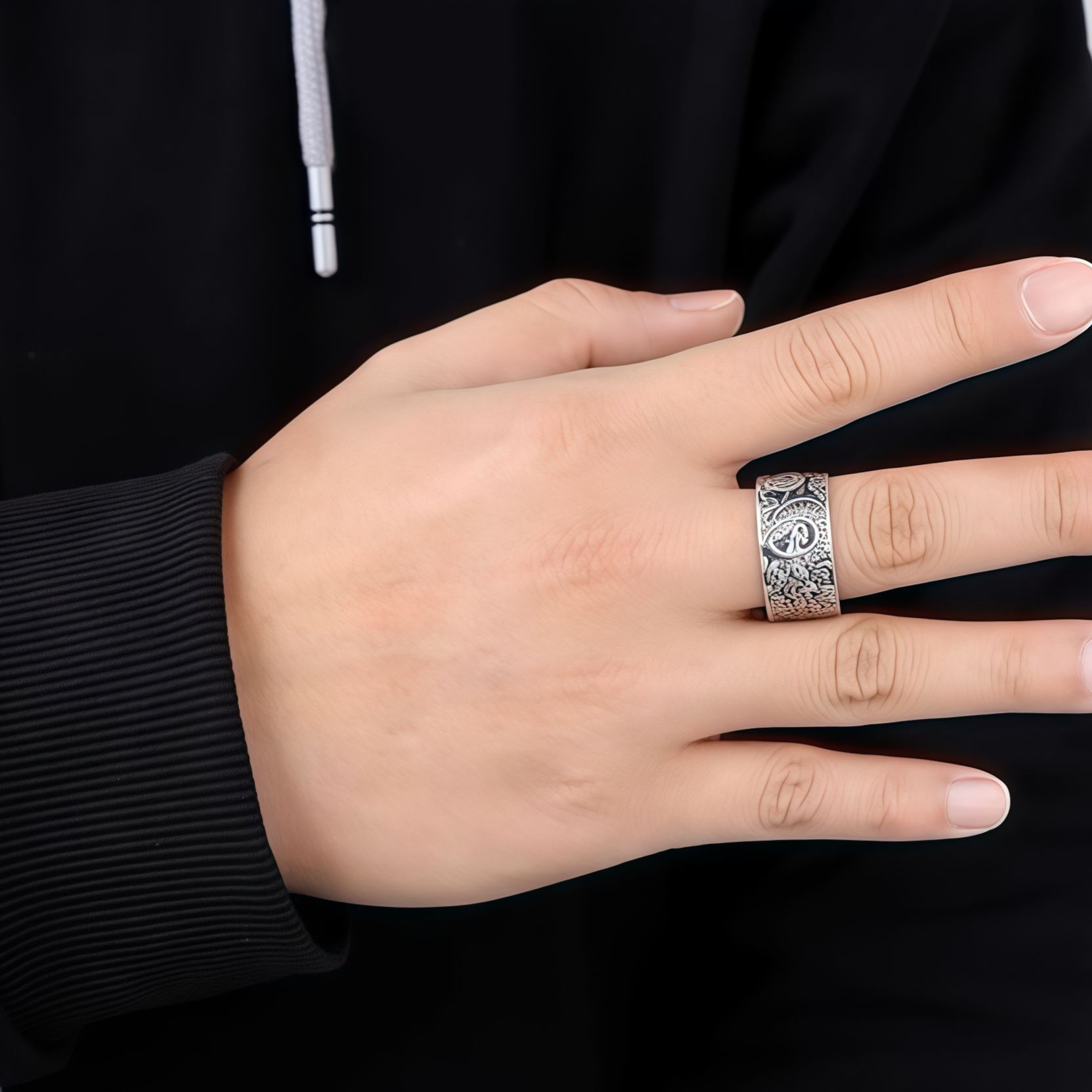 999 Sterling Silver Dragon Carved Pattern Protection Success Ring- EclatDoré