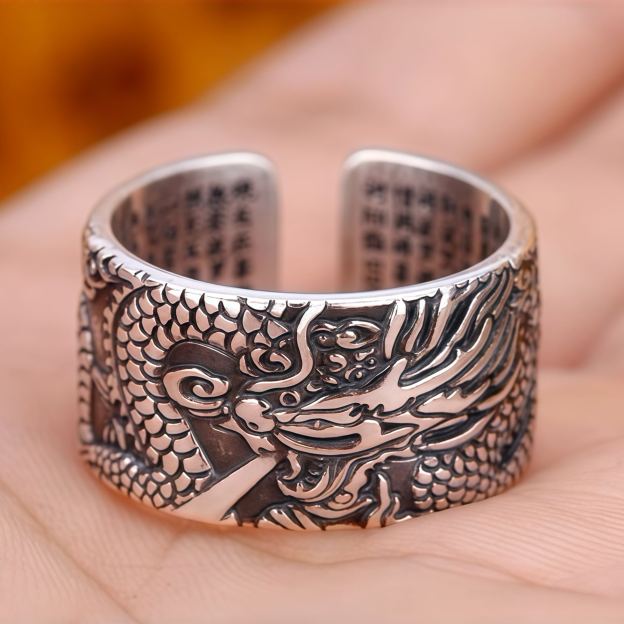 999 Sterling Silver Dragon Carved Pattern Protection Success Ring- EclatDoré