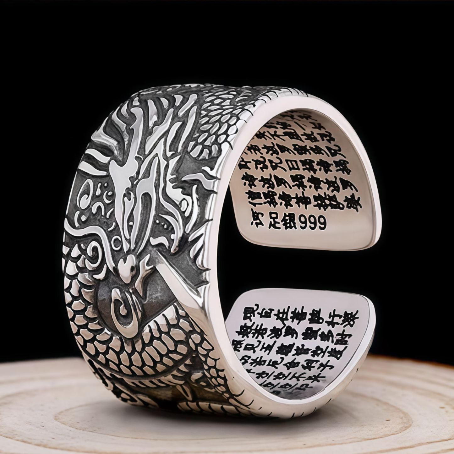 999 Sterling Silver Dragon Carved Pattern Protection Success Ring- EclatDoré