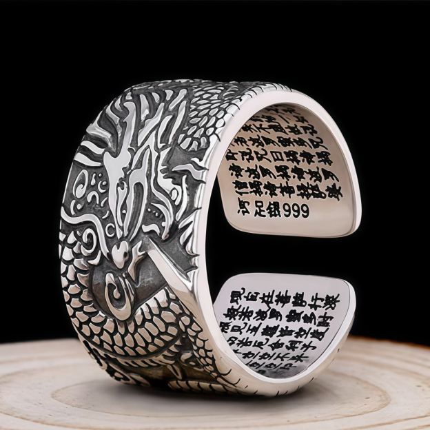 999 Sterling Silver Dragon Carved Pattern Protection Success Ring- EclatDoré