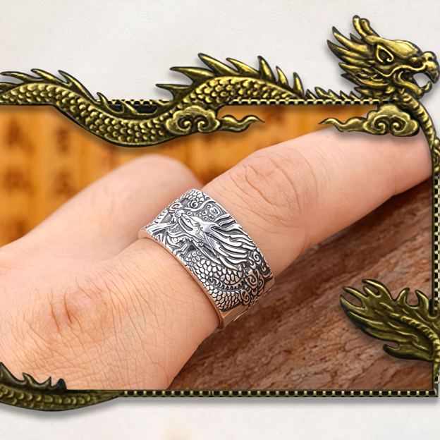 999 Sterling Silver Dragon Carved Pattern Protection Success Ring- EclatDoré