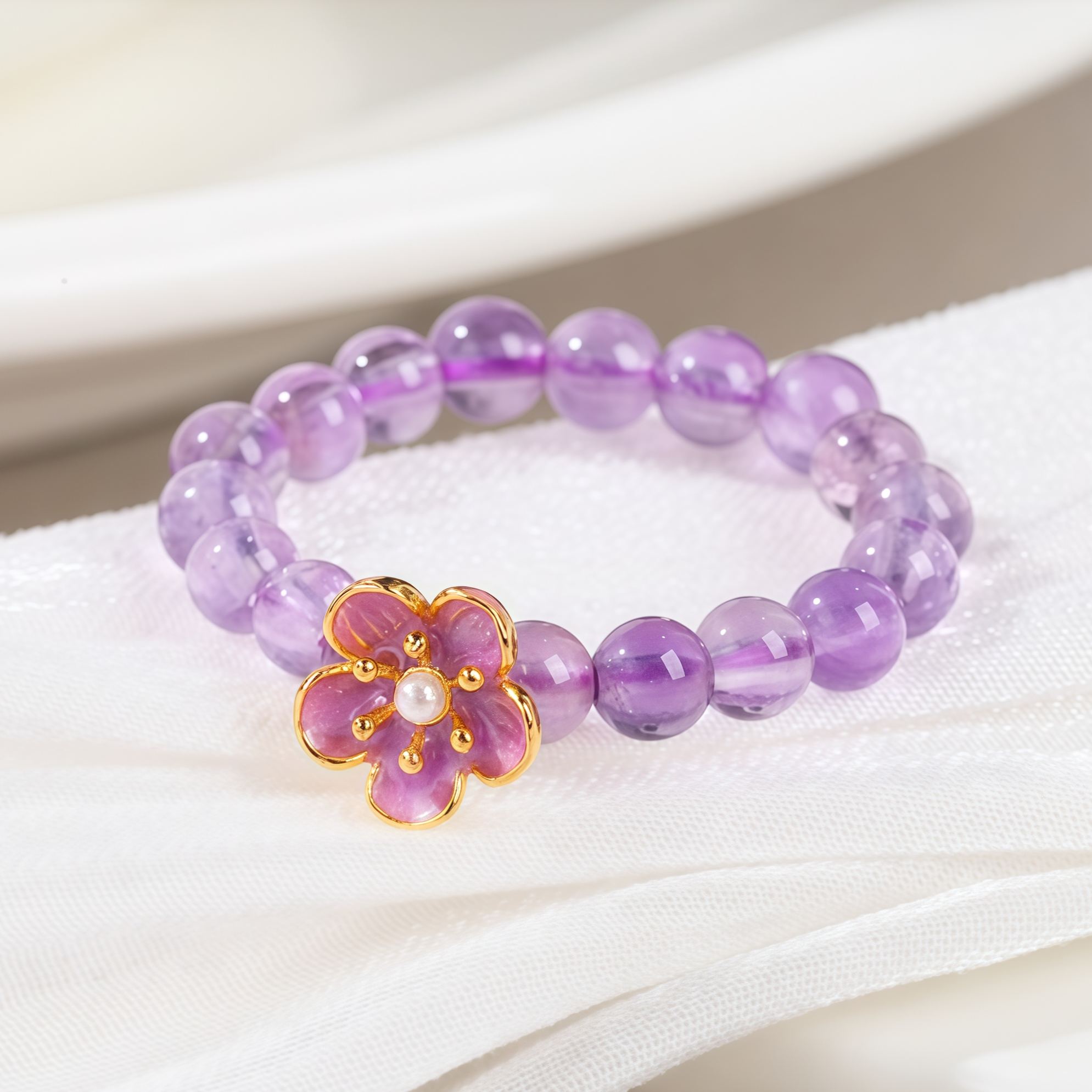 3mm Amethyst Peach Blossom Elastic String Ring- EclatDoré