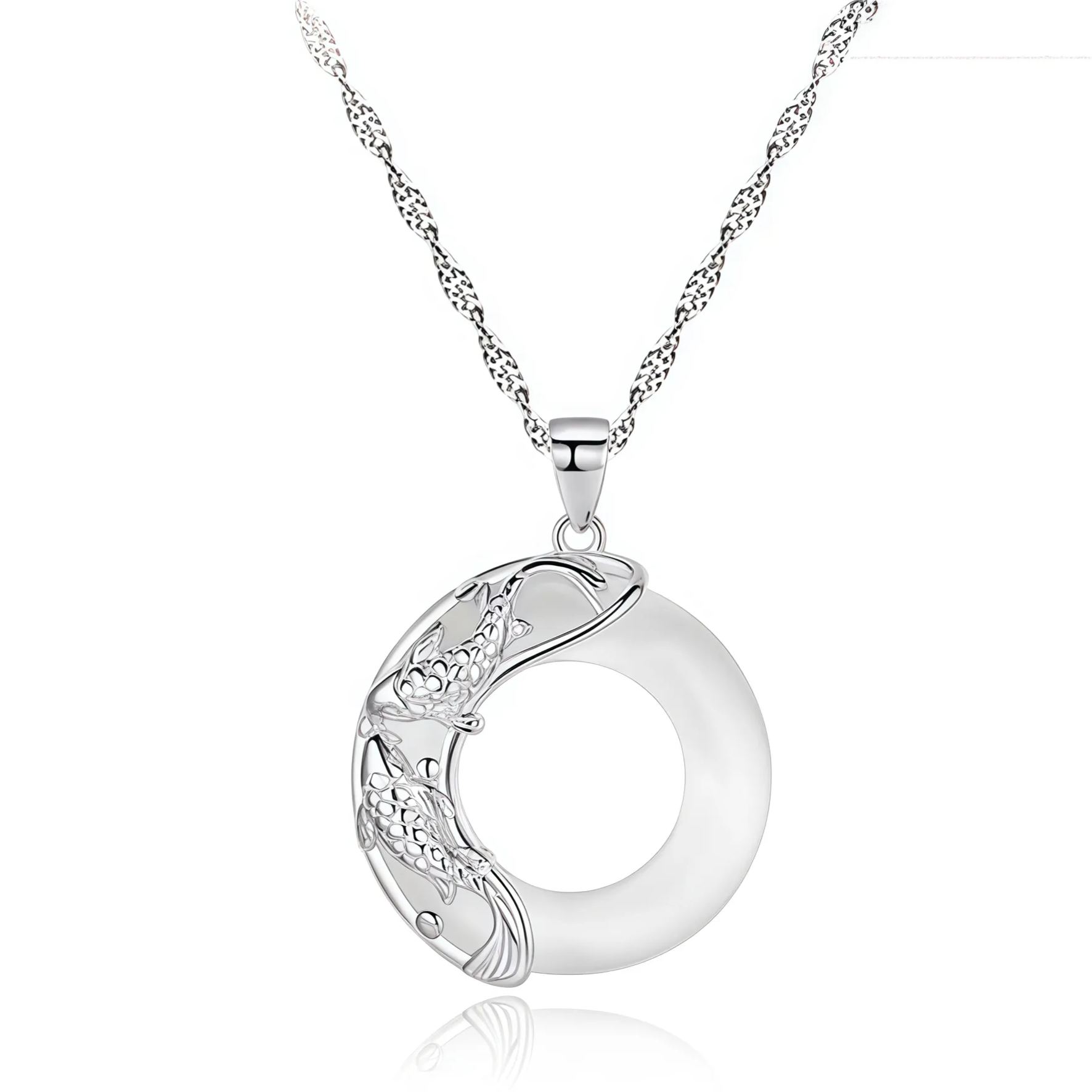 Buddhism Auspicious Koi Fish 925 Silver Peace Buckle Jade  Necklace- EclatDoré