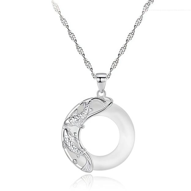Buddhism Auspicious Koi Fish 925 Silver Peace Buckle Jade  Necklace- EclatDoré