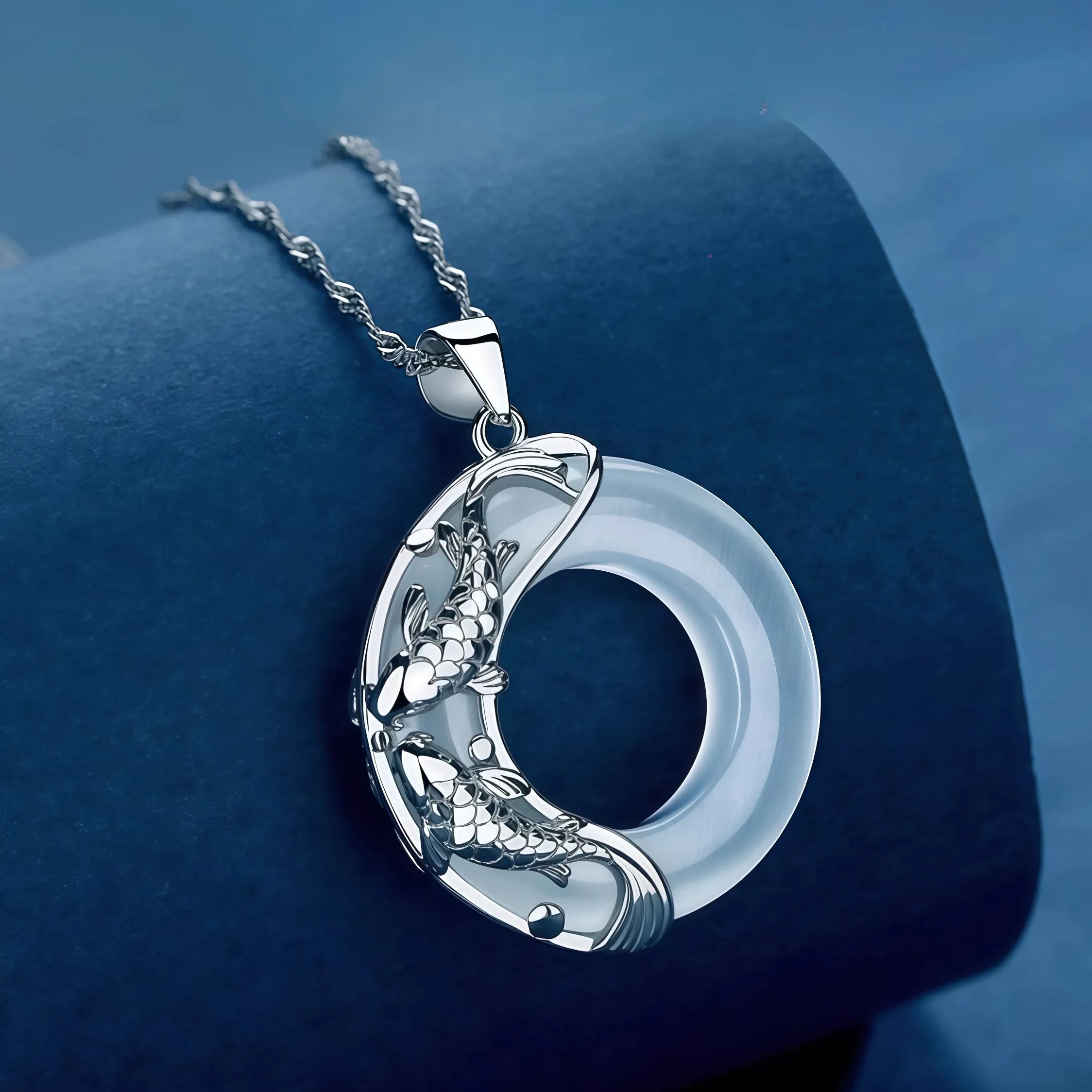Buddhism Auspicious Koi Fish 925 Silver Peace Buckle Jade  Necklace- EclatDoré