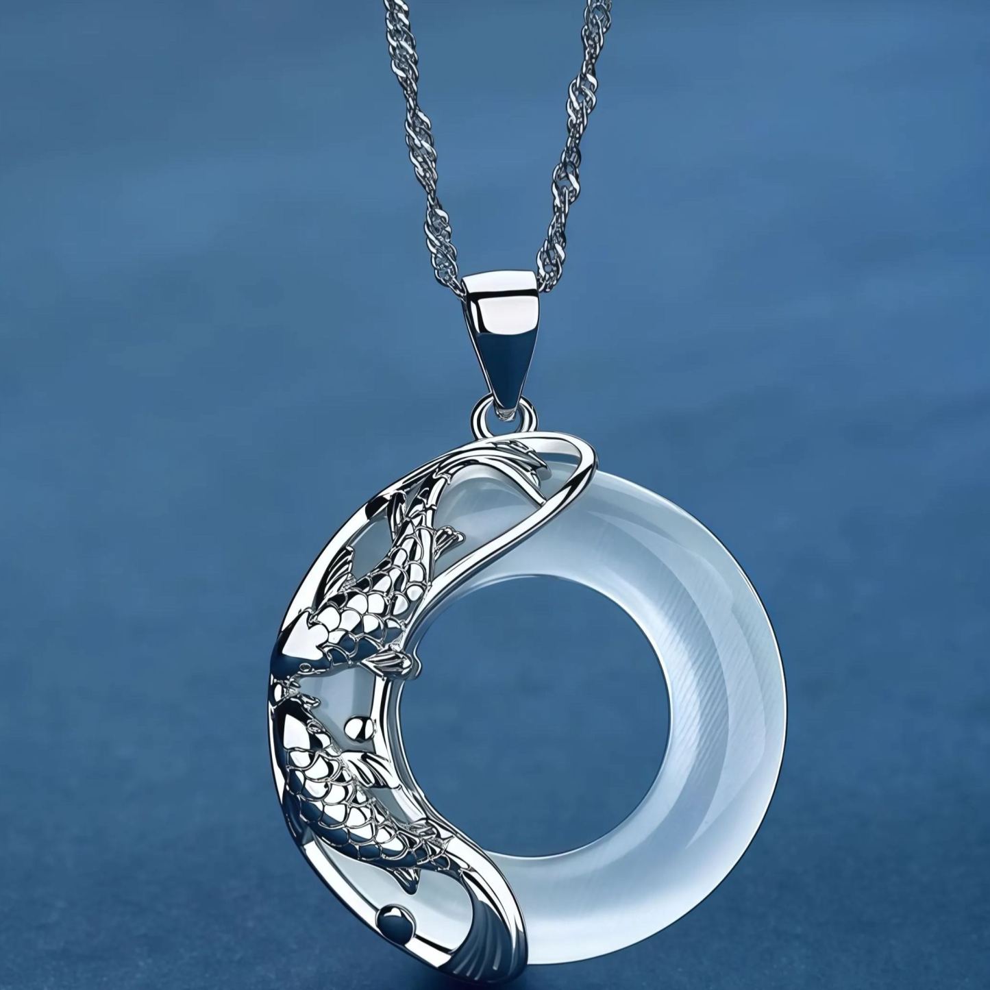 Buddhism Auspicious Koi Fish 925 Silver Peace Buckle Jade  Necklace- EclatDoré