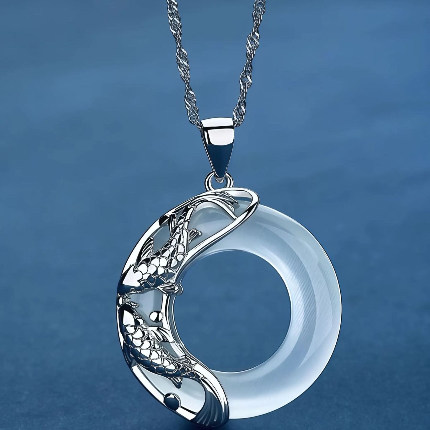 Buddhism Auspicious Koi Fish 925 Silver Peace Buckle Jade  Necklace- EclatDoré