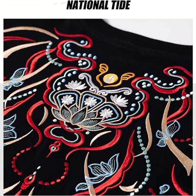 Koi Embroidered Men's T-Shirt | Cotton Hip-Hop Street Loose Large Size T-Shirt