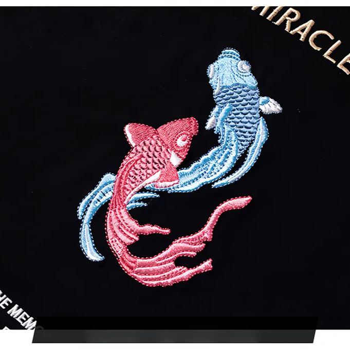 Koi Embroidered Men's T-Shirt | Cotton Hip-Hop Street Loose Large Size T-Shirt