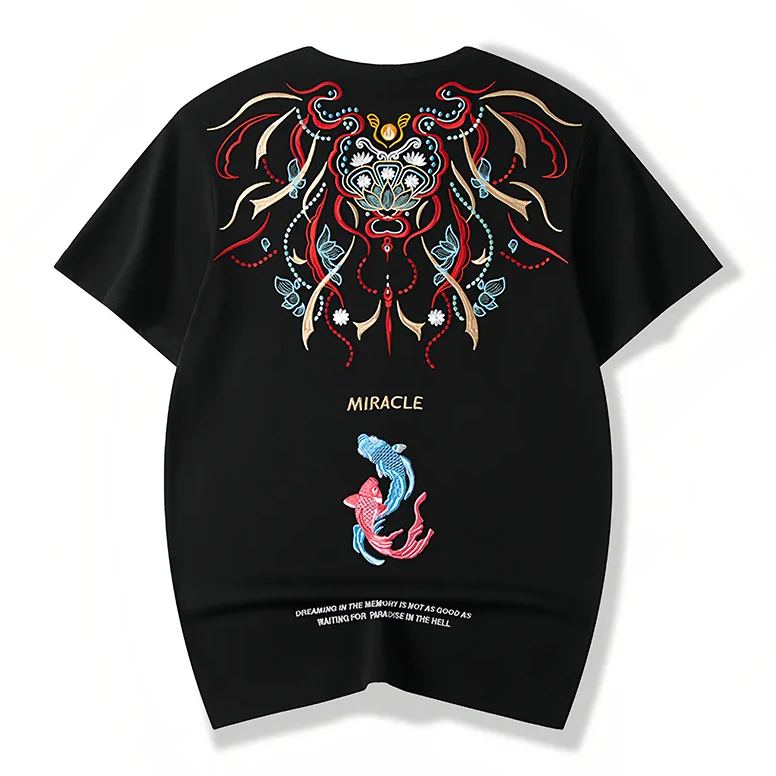 Koi Embroidered Men's T-Shirt | Cotton Hip-Hop Street Loose Large Size T-Shirt