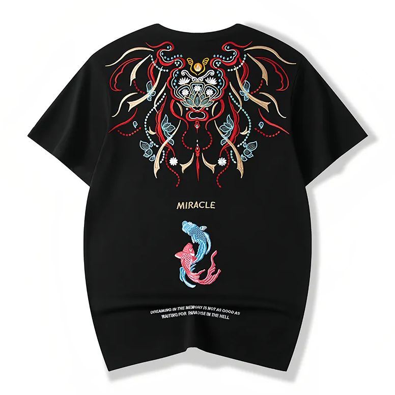 Koi Embroidered Men's T-Shirt | Cotton Hip-Hop Street Loose Large Size T-Shirt