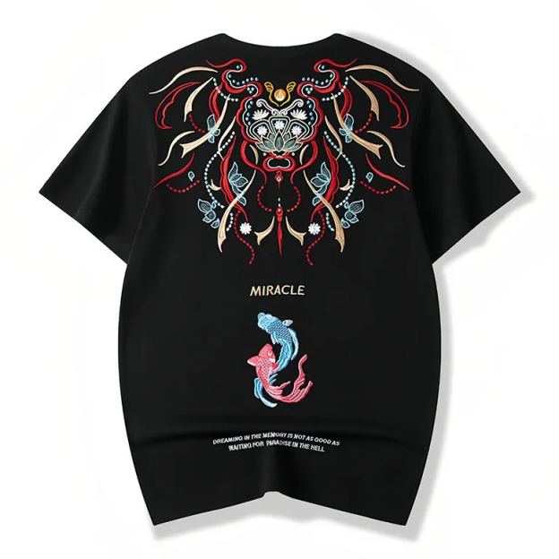 Koi Embroidered Men's T-Shirt | Cotton Hip-Hop Street Loose Large Size T-Shirt