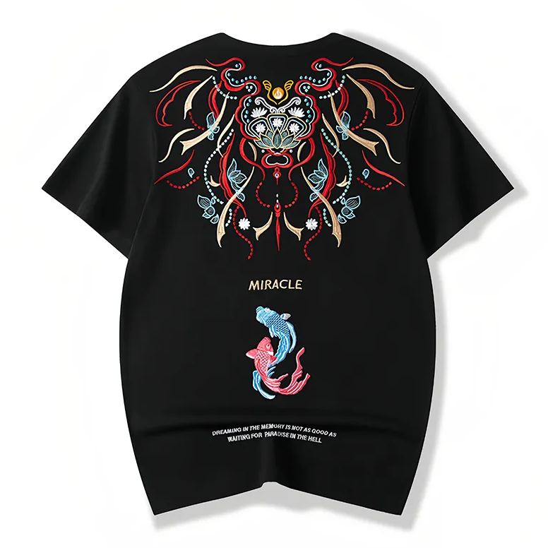 Koi Embroidered Men's T-Shirt | Cotton Hip-Hop Street Loose Large Size T-Shirt