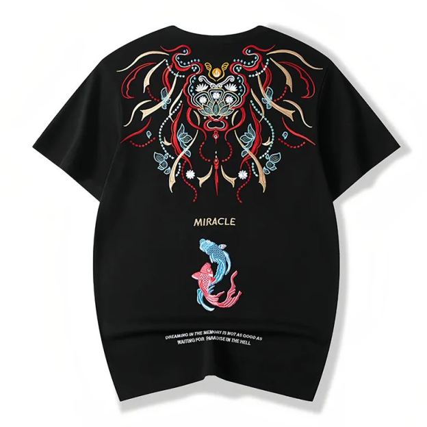 Koi Embroidered Men's T-Shirt | Cotton Hip-Hop Street Loose Large Size T-Shirt