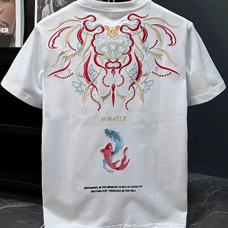 Koi Embroidered Men's T-Shirt | Cotton Hip-Hop Street Loose Large Size T-Shirt