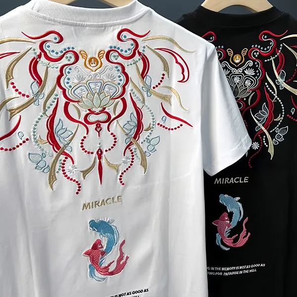 Koi Embroidered Men's T-Shirt | Cotton Hip-Hop Street Loose Large Size T-Shirt