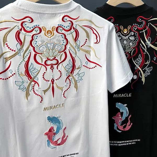 Koi Embroidered Men's T-Shirt | Cotton Hip-Hop Street Loose Large Size T-Shirt