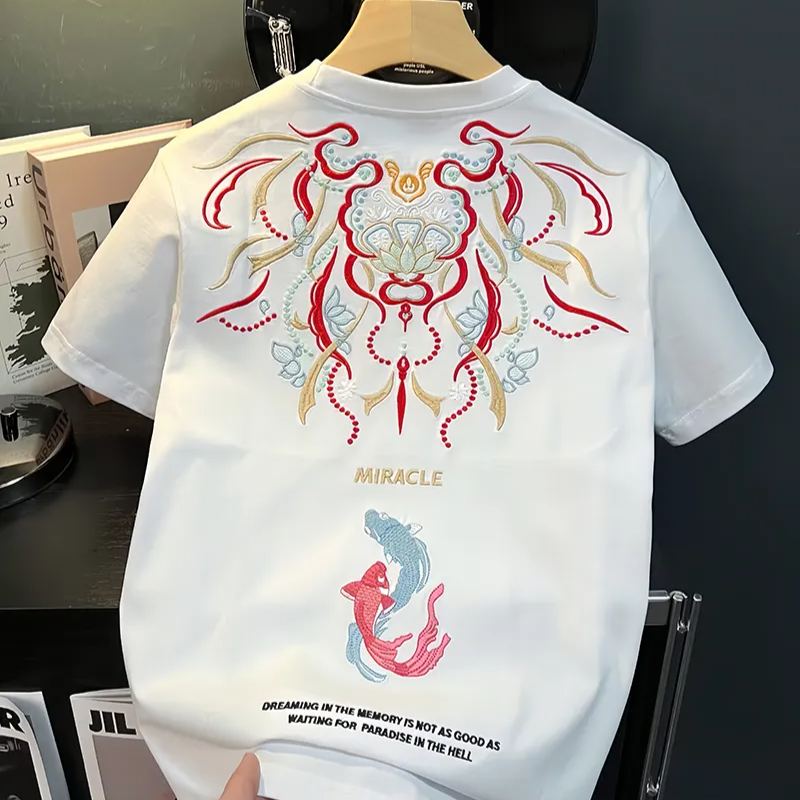 Koi Embroidered Men's T-Shirt | Cotton Hip-Hop Street Loose Large Size T-Shirt
