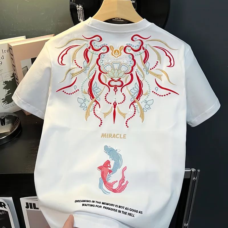 Koi Embroidered Men's T-Shirt | Cotton Hip-Hop Street Loose Large Size T-Shirt