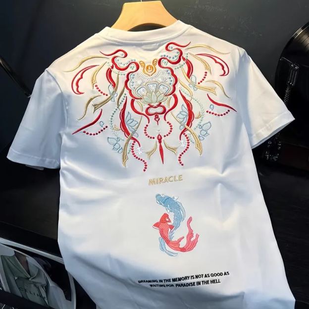 Koi Embroidered Men's T-Shirt | Cotton Hip-Hop Street Loose Large Size T-Shirt