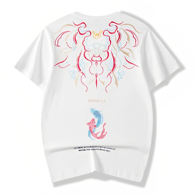 Koi Embroidered Men's T-Shirt | Cotton Hip-Hop Street Loose Large Size T-Shirt