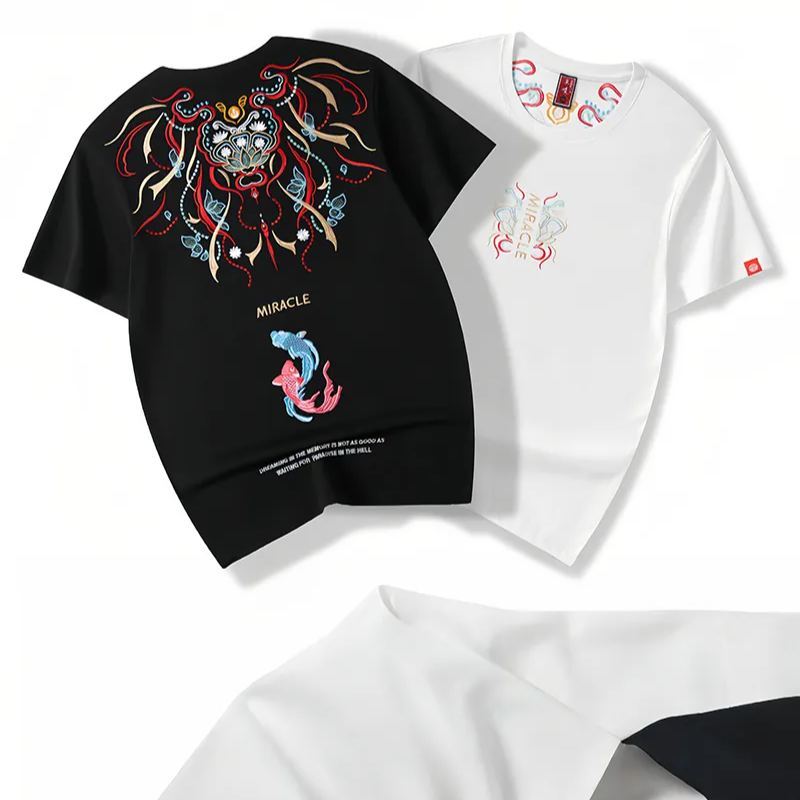 Koi Embroidered Men's T-Shirt | Cotton Hip-Hop Street Loose Large Size T-Shirt