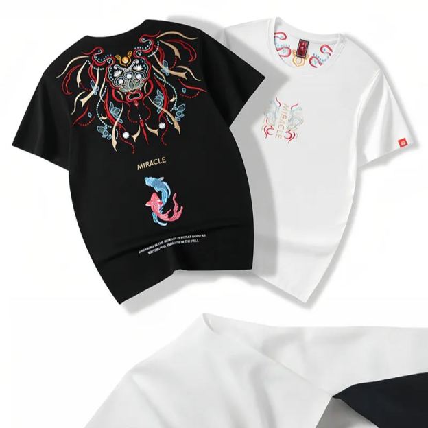 Koi Embroidered Men's T-Shirt | Cotton Hip-Hop Street Loose Large Size T-Shirt