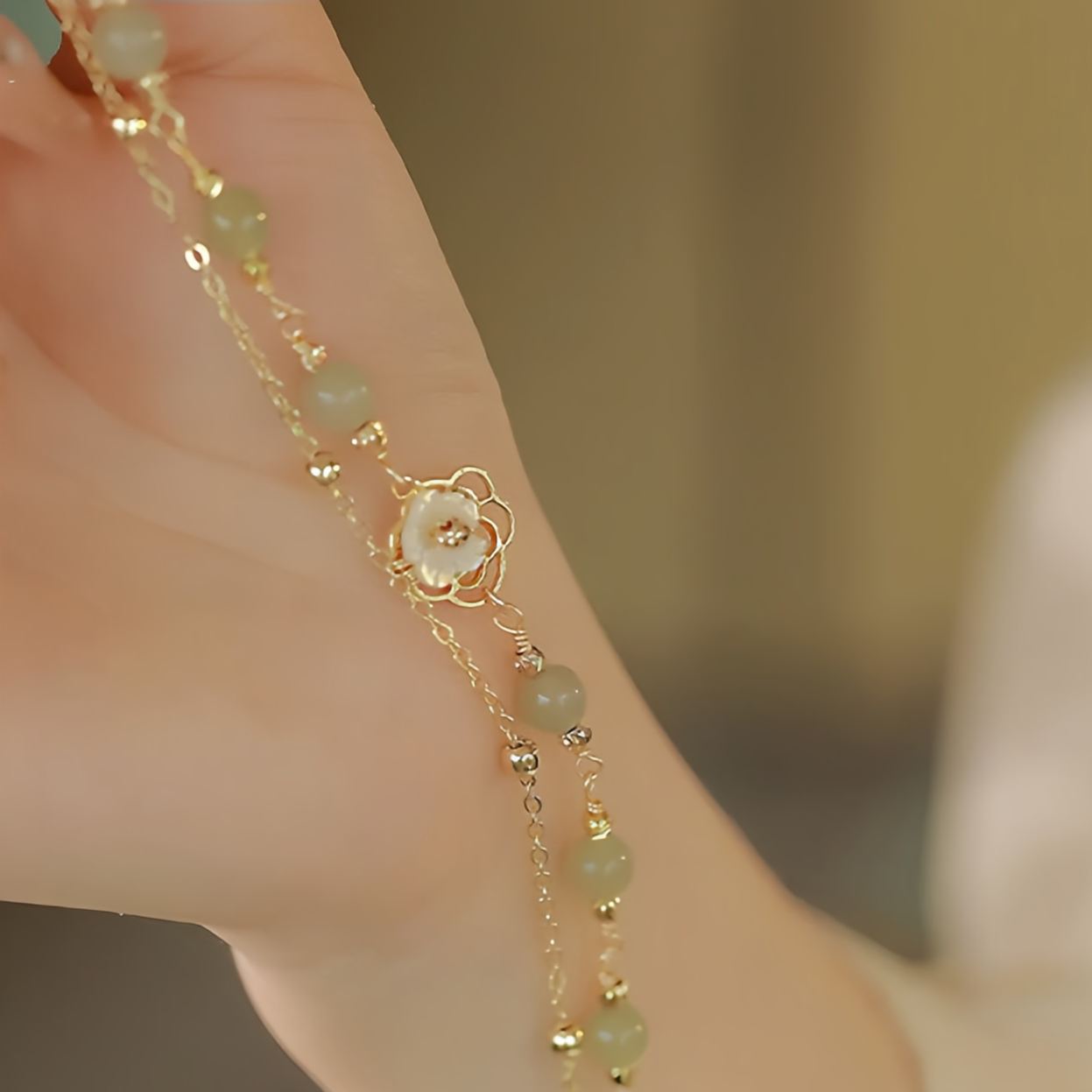 14K Gold Plated Jade Butterfly Tridacna Stone Flower Double Layer Luck Bracelet