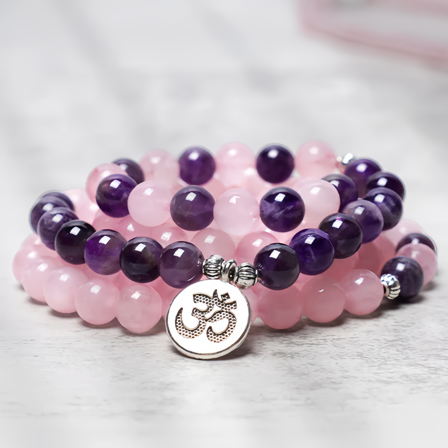 Healing Energy Jewelry:  108 Natural Rose Quartz & Amethyst Mala Bead Lotus Pendant Bracelet- EclatDoré