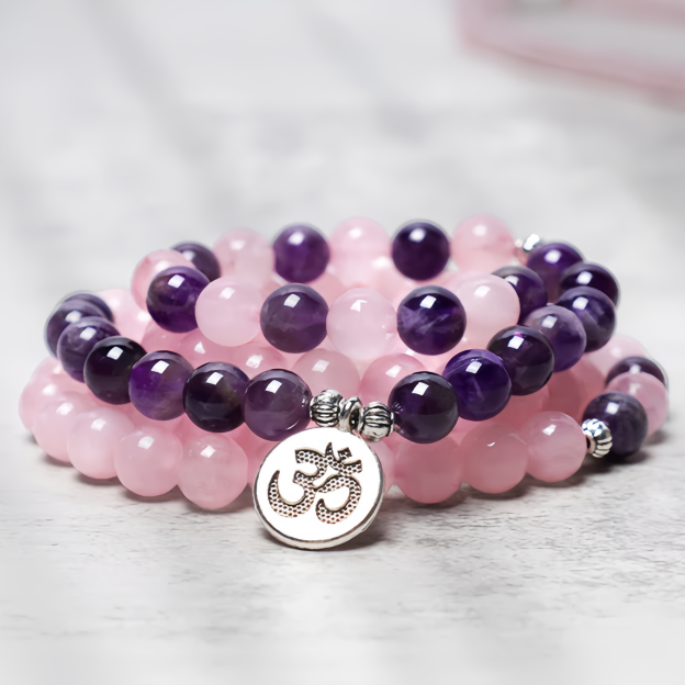 Healing Energy Jewelry:  108 Natural Rose Quartz & Amethyst Mala Bead Lotus Pendant Bracelet- EclatDoré