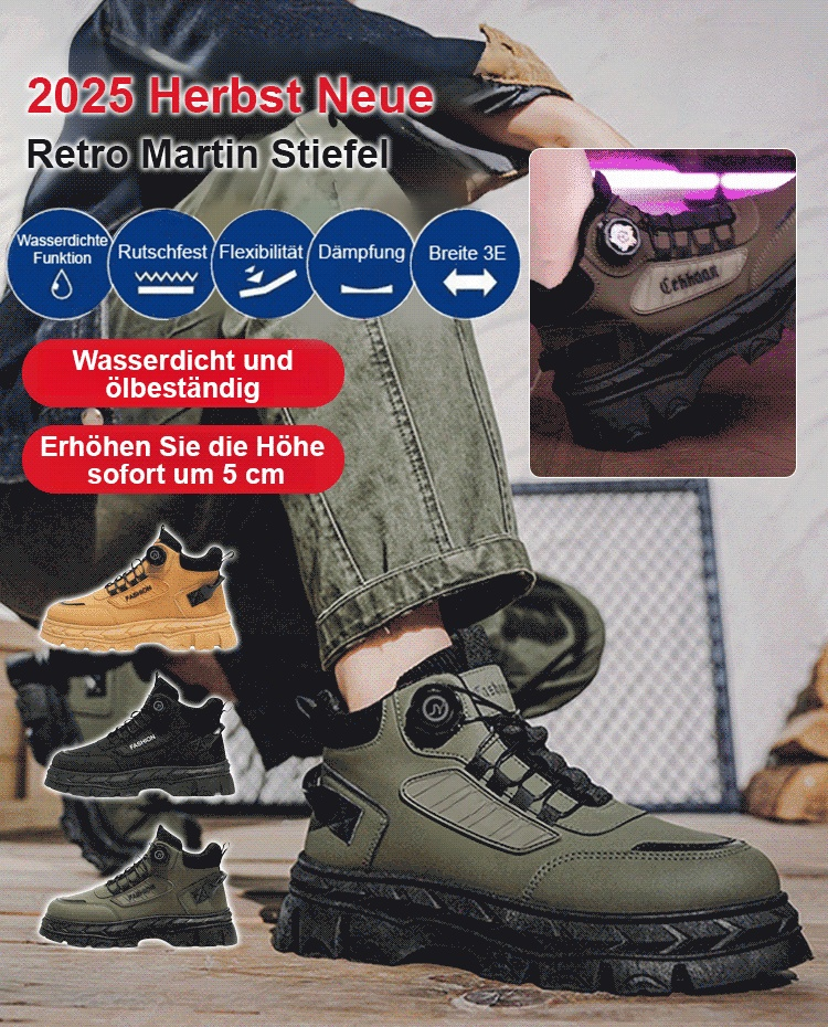 Herbst Vintage-Martinsstiefel ohne Schnürsenkel. Fußgewölbeunterstützung + 3-facher Kälteschutz – die Füße schmerzen auch nach 15 km Fußmarsch nicht.