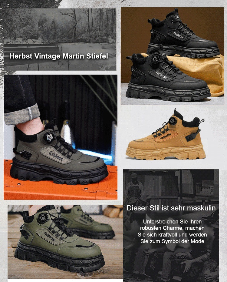Herbst Vintage-Martinsstiefel ohne Schnürsenkel. Fußgewölbeunterstützung + 3-facher Kälteschutz – die Füße schmerzen auch nach 15 km Fußmarsch nicht.