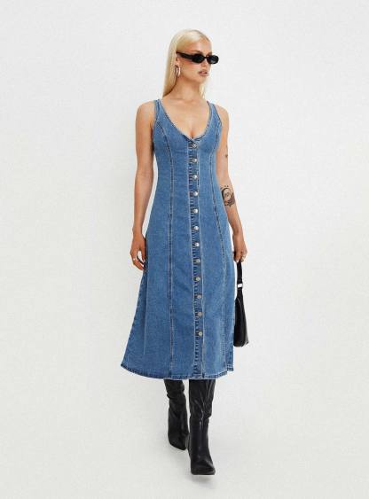 Midler Denim Midi Dress Mid Blue