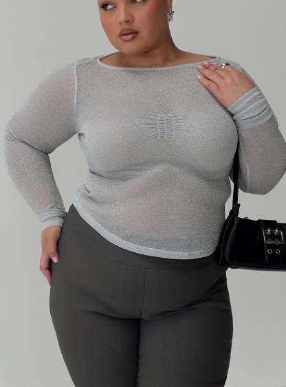 Crystal Clear Long Sleeve Mesh Top Silver